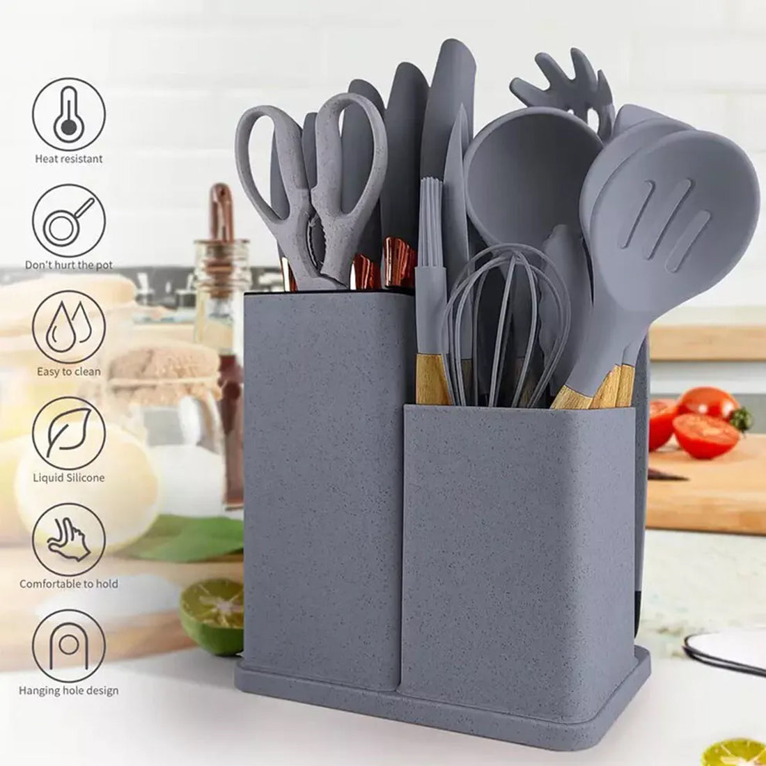19-Piece Silicone Kitchen Utensil Set | Wooden Handle