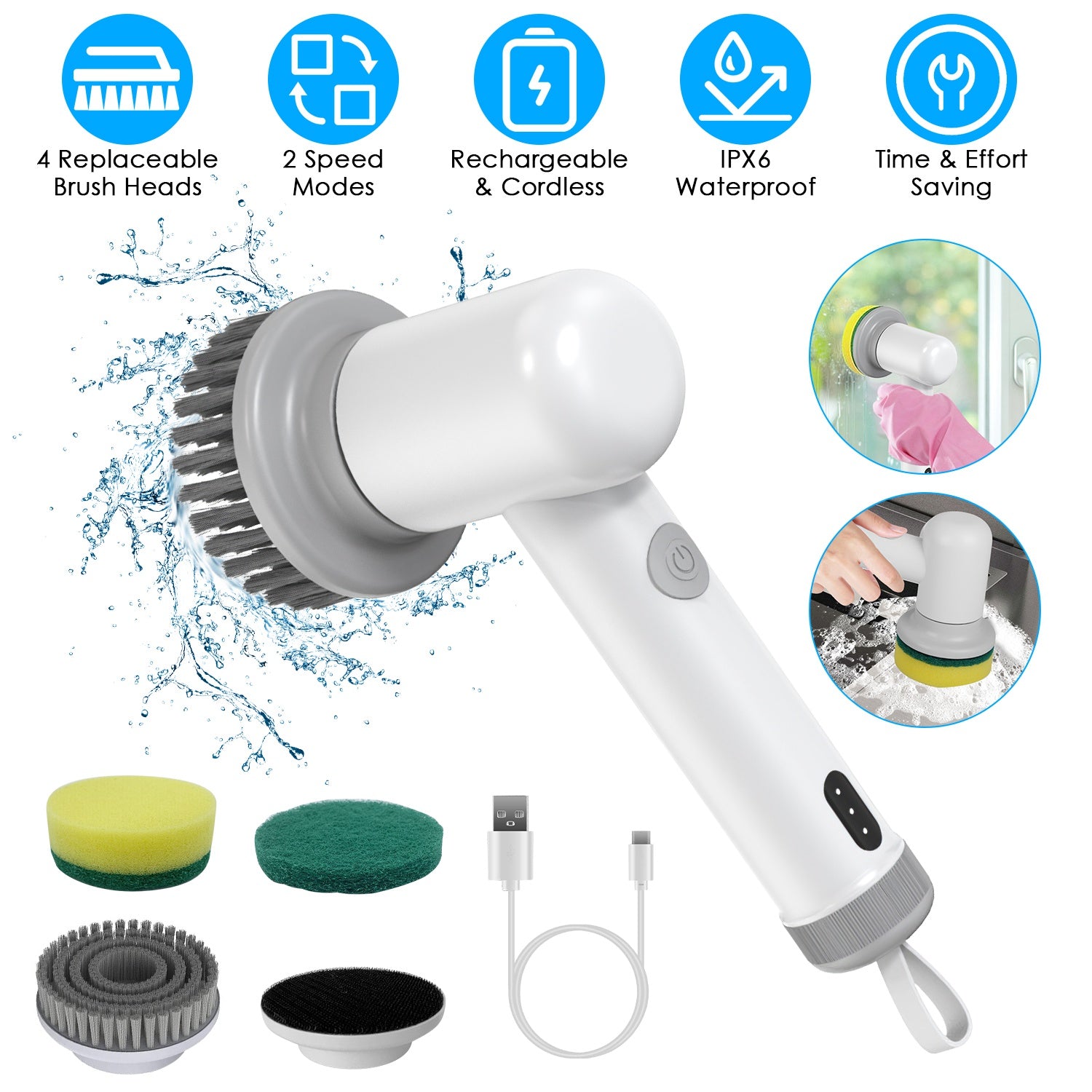 Cordless Electric Spin Scrubber – 4 Brush Heads
