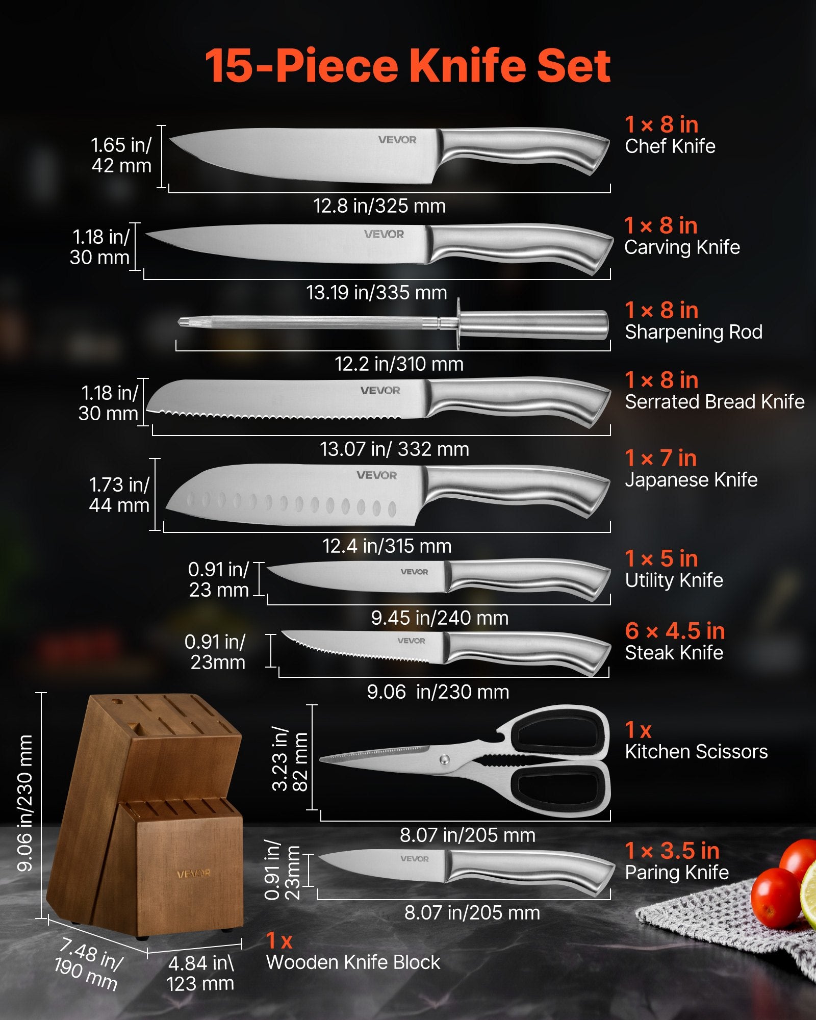 15-Piece German Steel Knife Set with Block & Sharpener